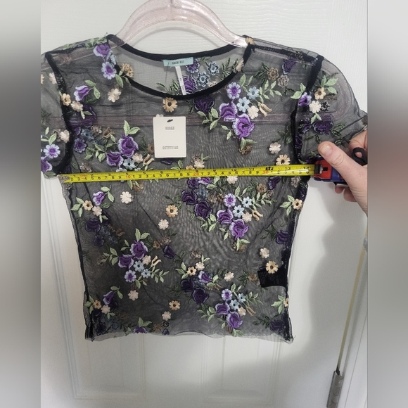 Urban outfitters beautiful black mesh sheer baby tee with floral embroidery XS - Picture 2 of 7
